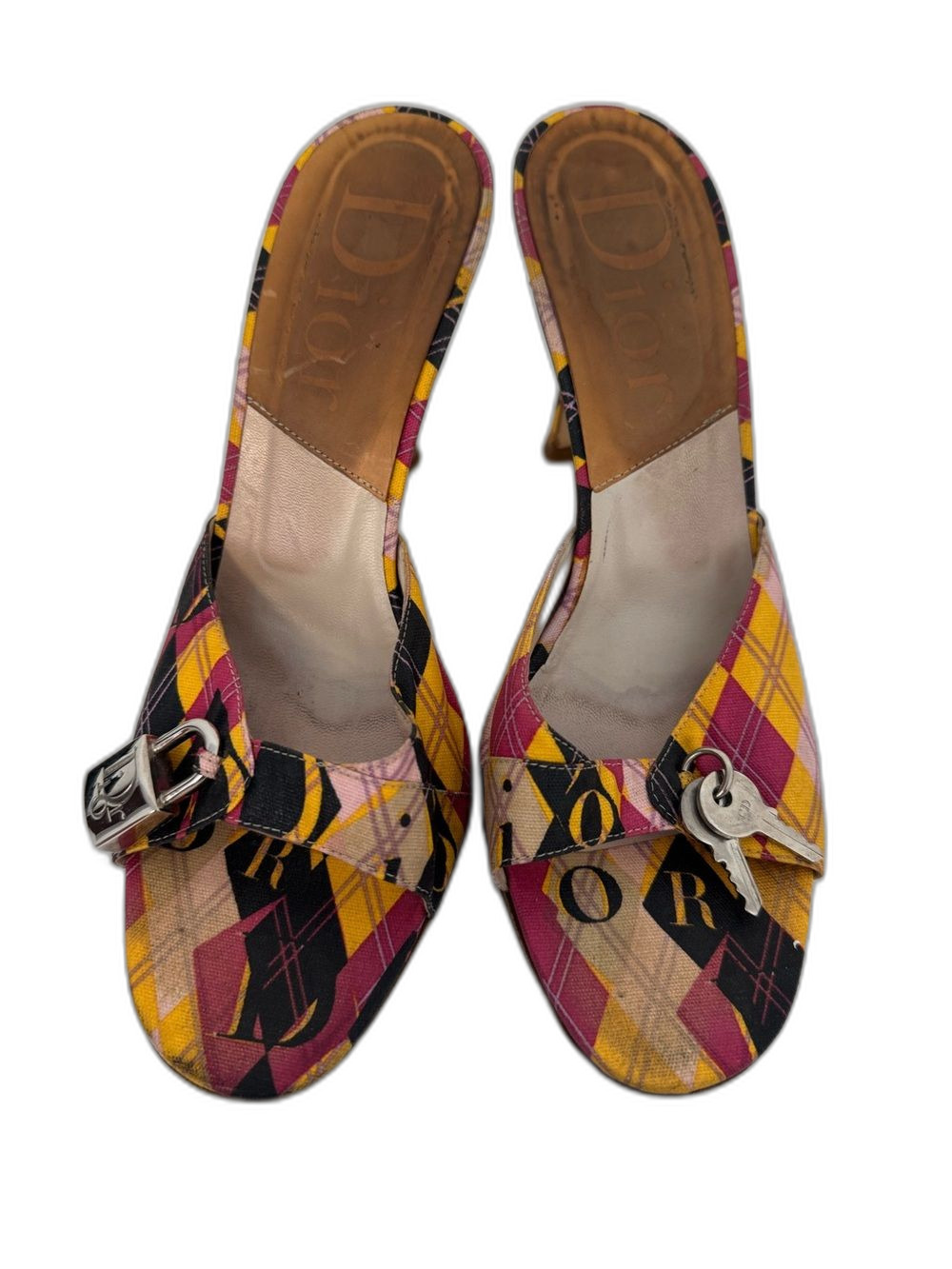 Dior Harlequin Logo Orange Pink Lock & Key Open Toe Heels EU 38 Vintage Shoes